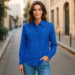 Francesca of Damon for Starington Silk Blouse – Blue/Black Abstract, Sz 6